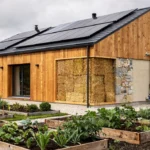 Maison éco responsable en bois avec panneaux solaires et jardin naturel