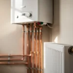 Installation de chauffage au gaz dans une maison avec chaudière murale et radiateurs, ambiance sobre et réaliste
