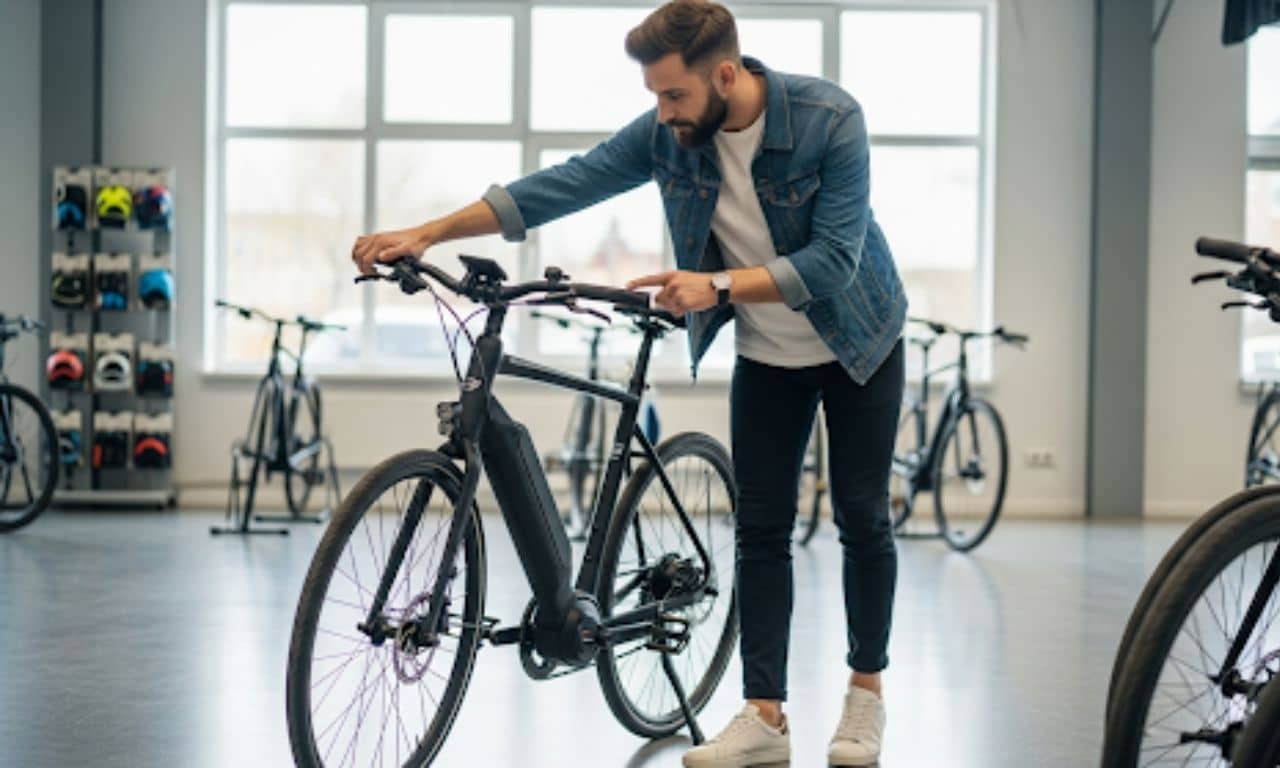 un homme en train de vérifier un vélo éléctrique avant l'achat