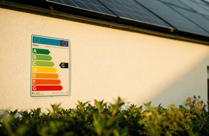 Étiquette diagnostic de performance énergétique sur une façade de maison moderne, classes A à G