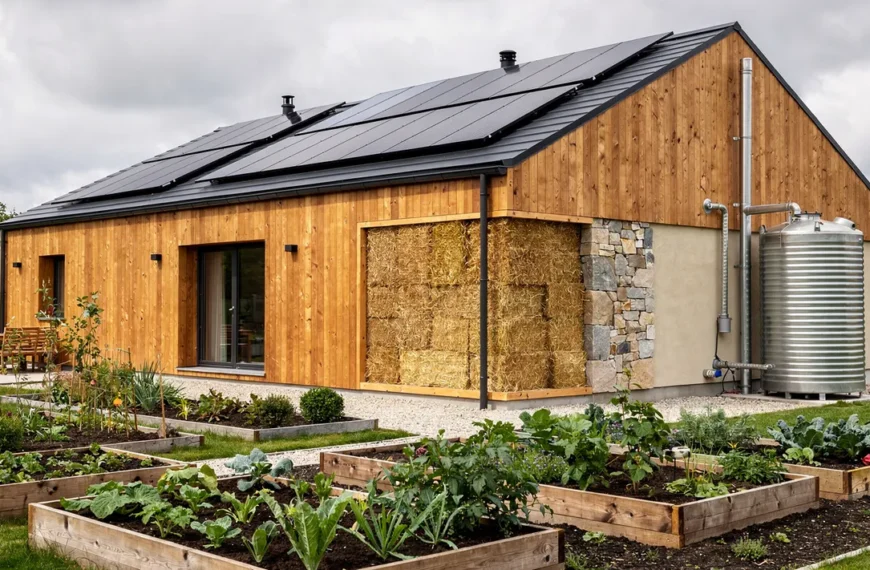 Maison éco responsable en bois avec panneaux solaires et jardin naturel