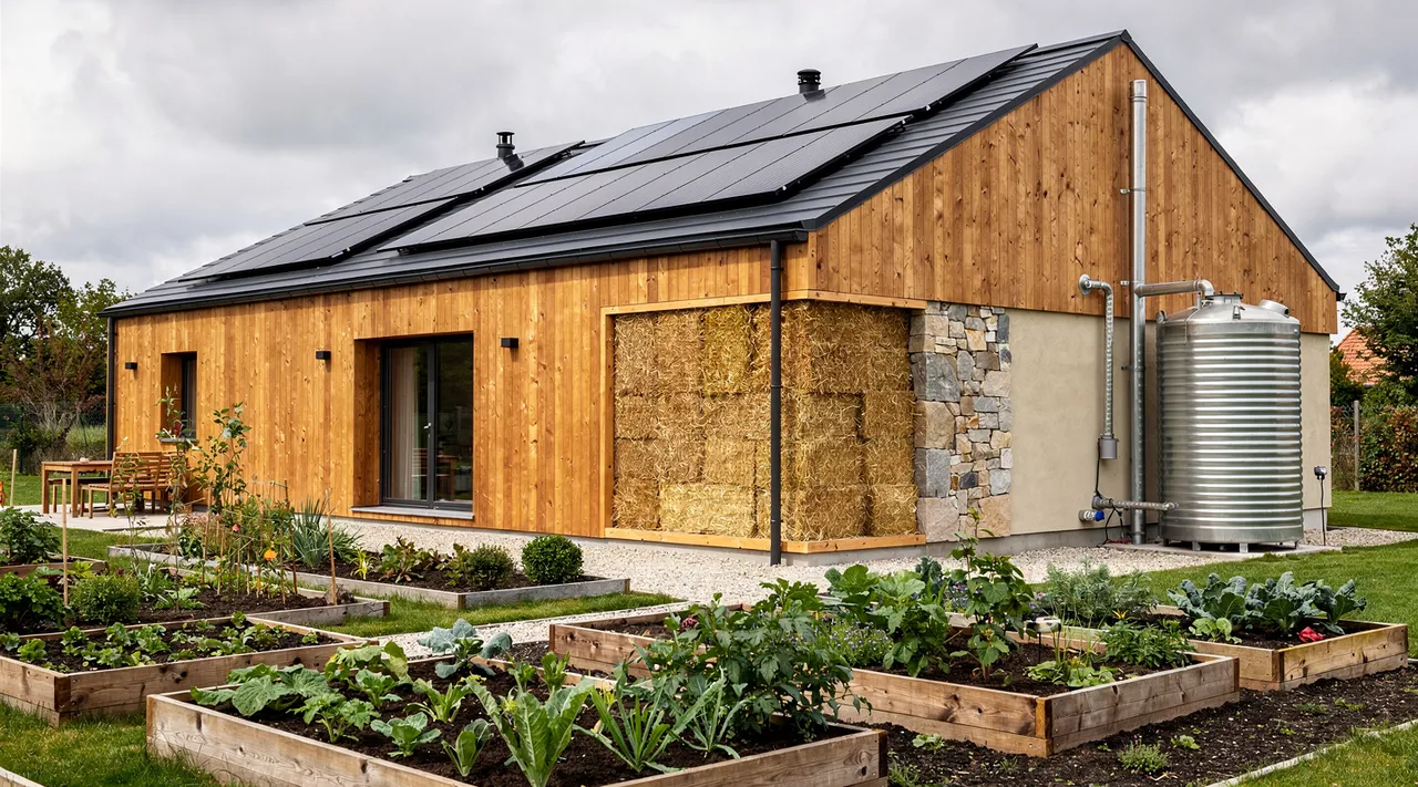 Maison éco responsable en bois avec panneaux solaires et jardin naturel
