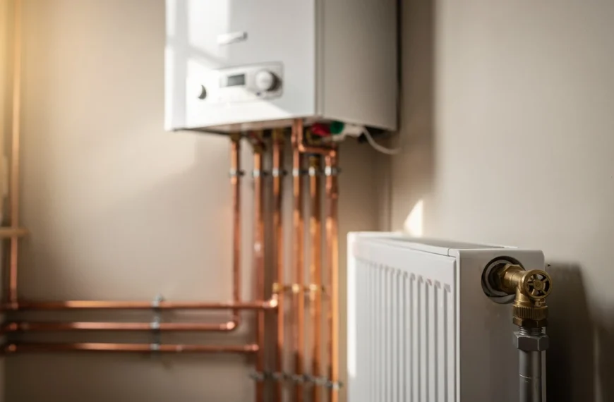 Installation de chauffage au gaz dans une maison avec chaudière murale et radiateurs, ambiance sobre et réaliste