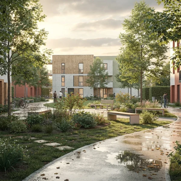 Écoquartier avec logements sobres, arbres, cheminements piétons et espaces partagés en ville