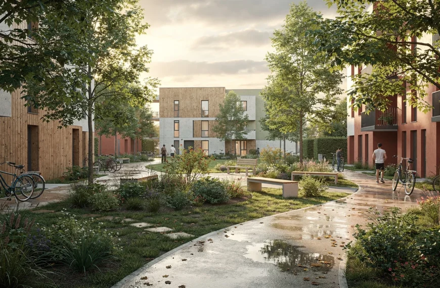 Écoquartier avec logements sobres, arbres, cheminements piétons et espaces partagés en ville