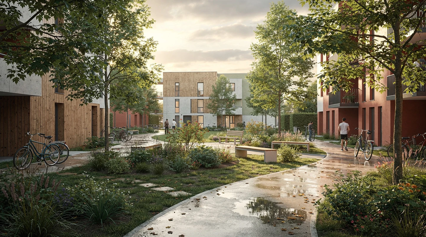Écoquartier avec logements sobres, arbres, cheminements piétons et espaces partagés en ville